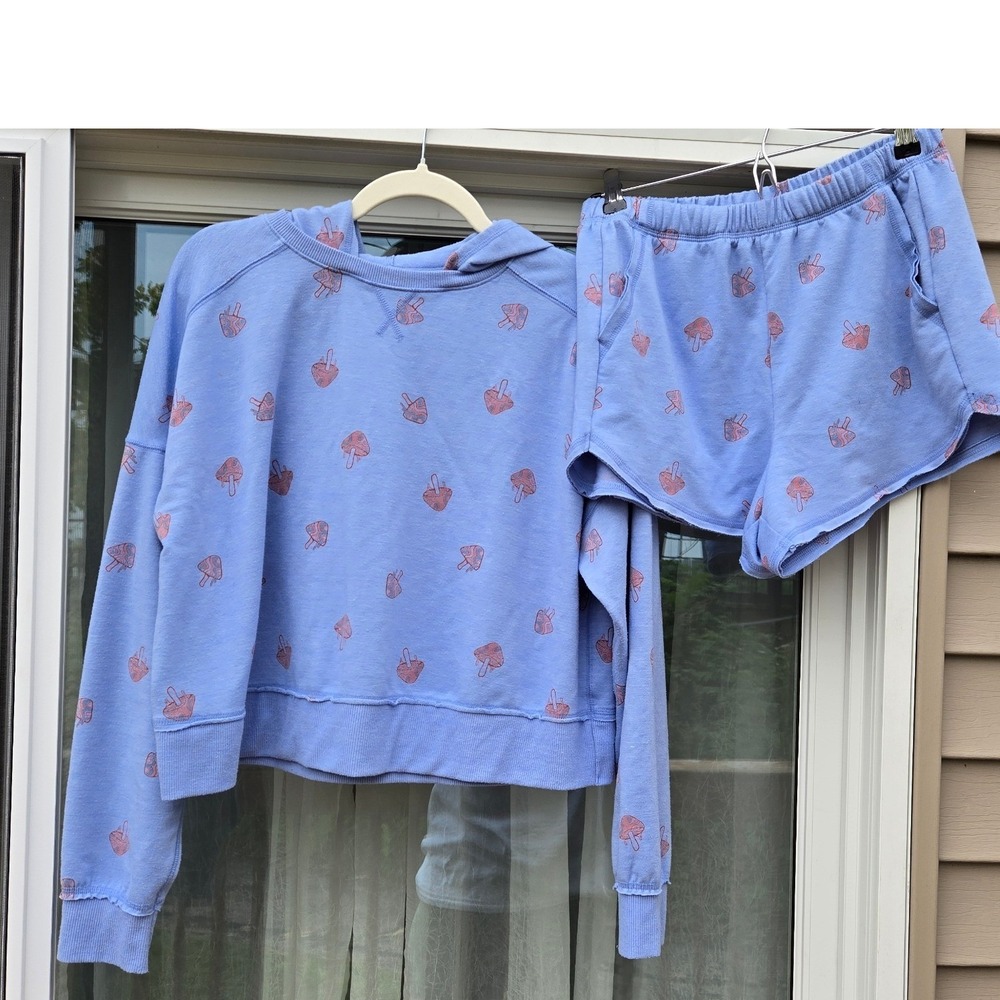 SO The Lounge Life Mushroom Print Hoodie and Shorts Set Blue Medium